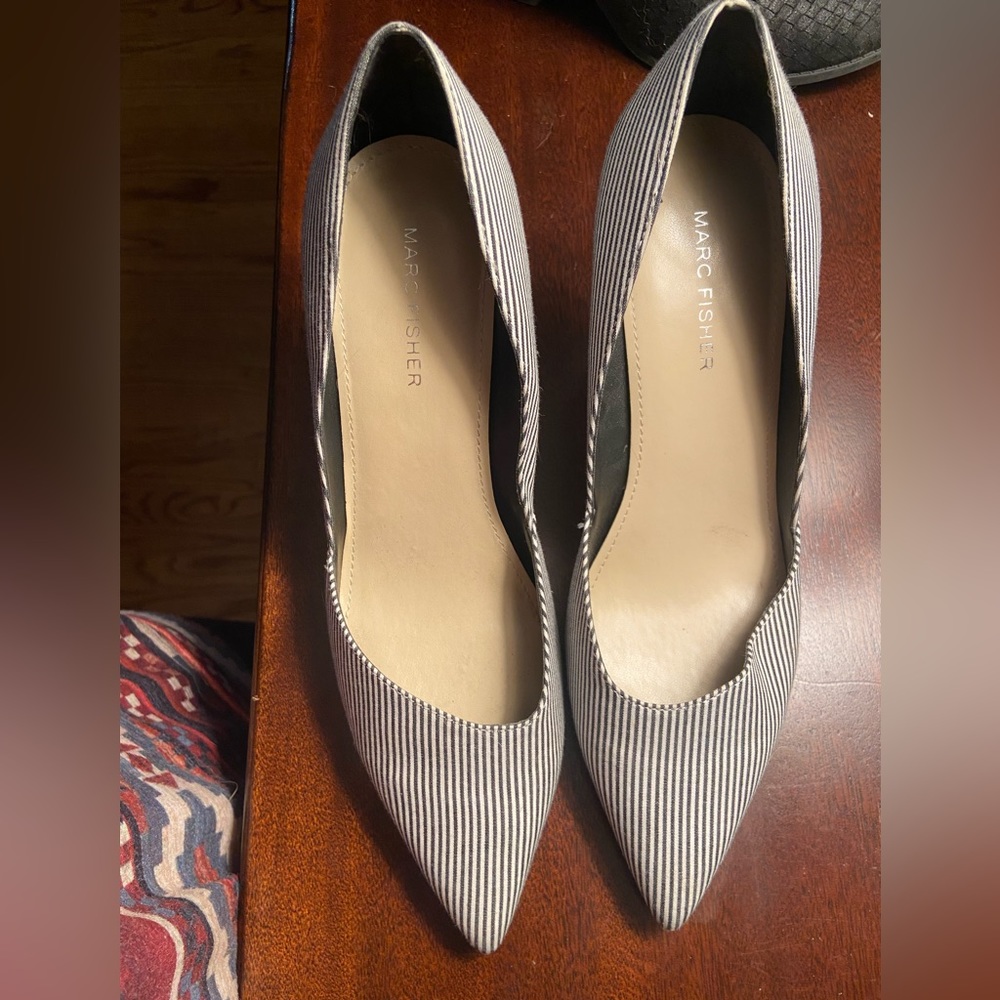 Marc Fisher, black/white strip heels. 8.5 size